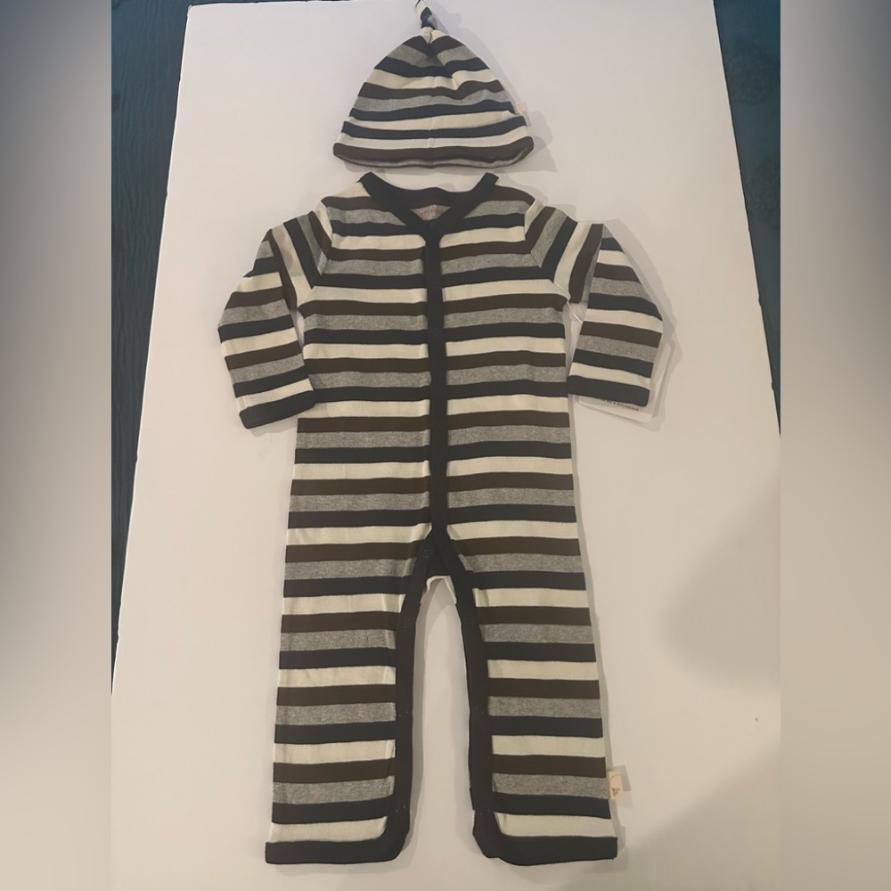 Burt’s Bee Baby New Striped Kids One Piece w/ Hat Brown, Cream, & Blue 12 month - Picture 4 of 5